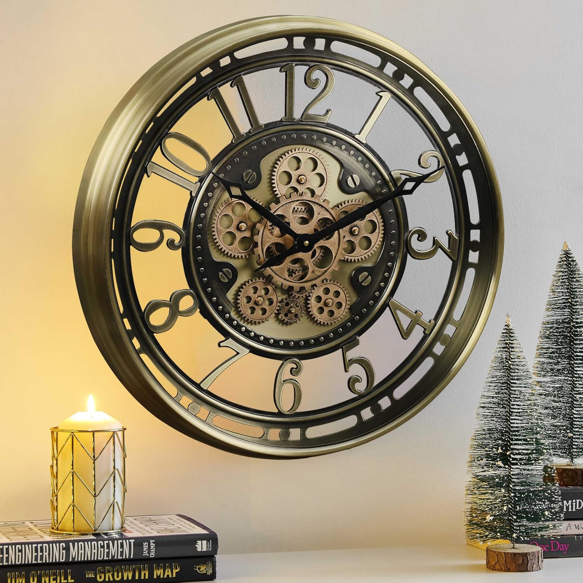 CLXEAST 21 Inch Industrial Moving Gears Wall Clock,Modern Farmhouse Arabic Numeral Battery Operated Silent Wall Clock for Living Room Decor,Brushed Gold,House Warming Gifts New Home