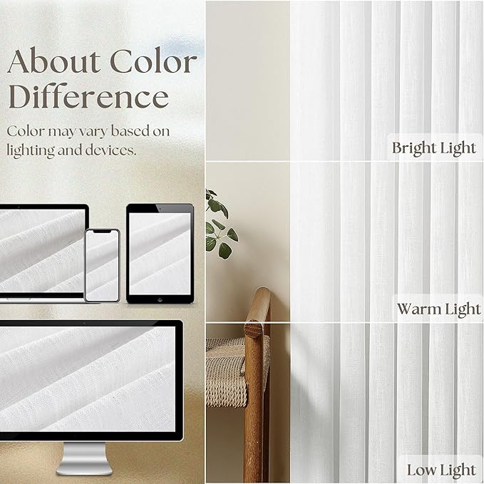Snow White Pinch Pleated Linen Semi Sheer Curtains 54 Inch Length 2 Panels | - Image 4