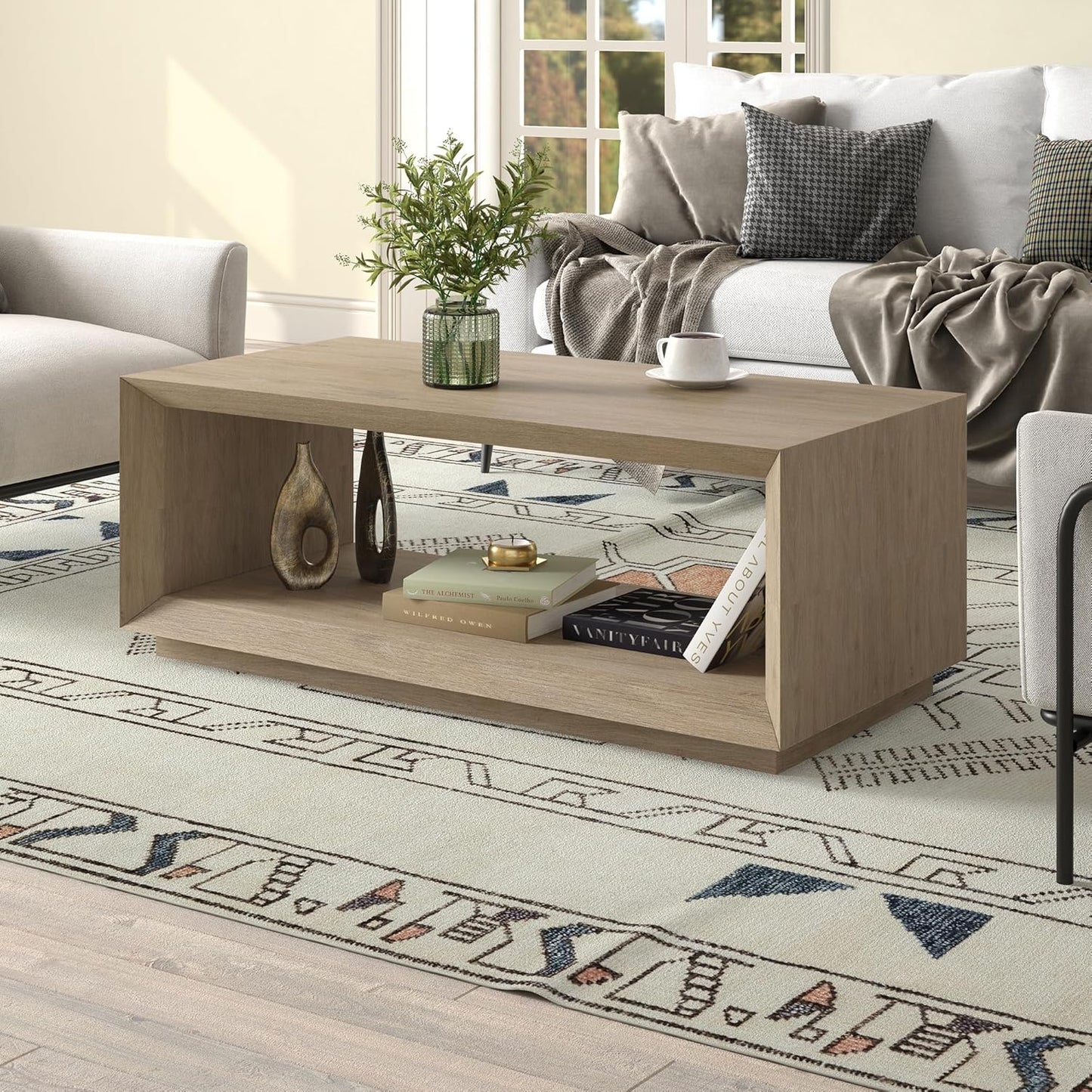 Henn&Hart 48" Rectangular Coffee Table with Open Storage Shelf for Living Room, Family Room, or Office, Antiqued Gray Oak