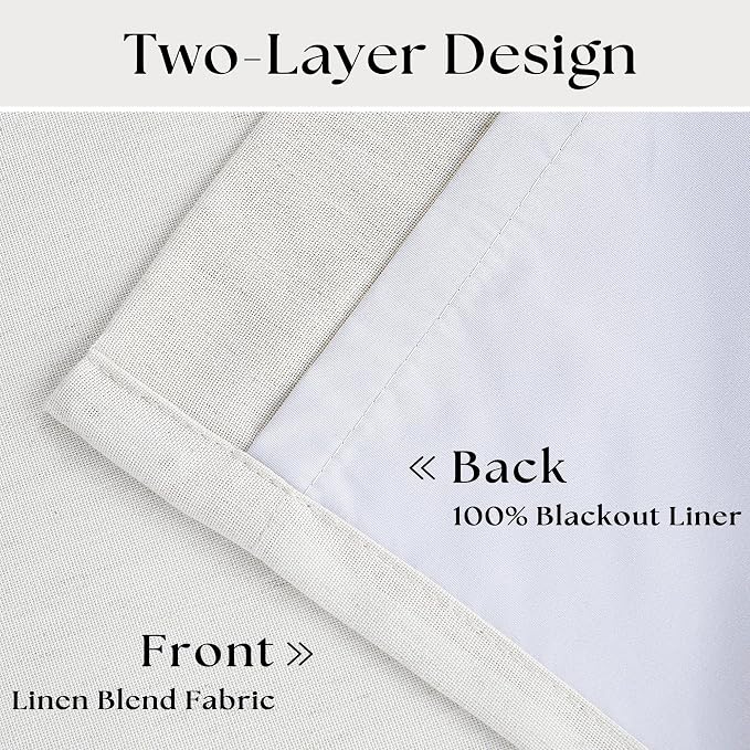 Linen Blackout Curtains 108 Inch Long 2 Panels Pinch Pleated Beige White | - Image 4