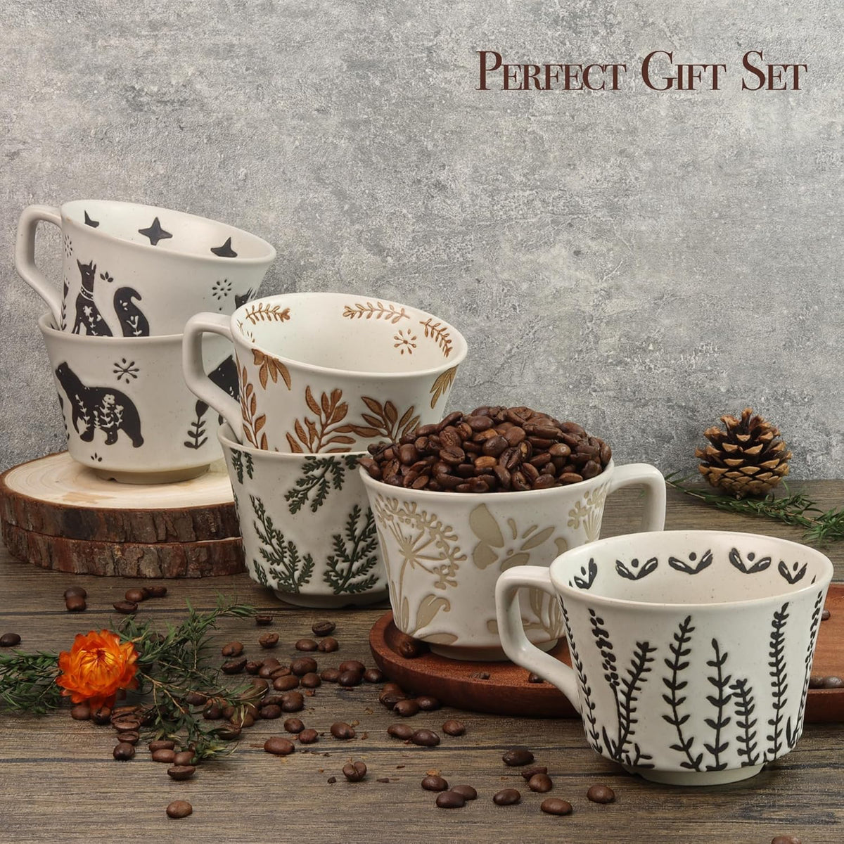 Ceramic Coffee Mug, 12 oz Novelty Unique Teacup with Large Handle, Stoneware Cup for Tea Mocha Latte Cappuccino Espresso (Set of 2, Fox and Bear)