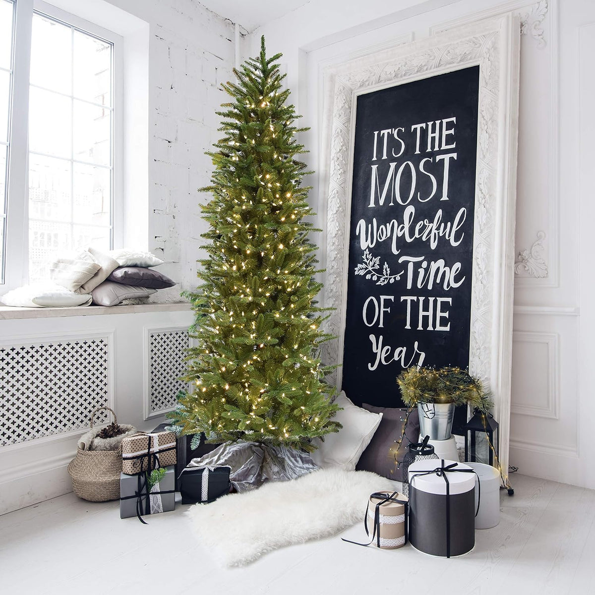Fraser Hill Farm 6.5-Ft. Carmel Pine Slim Artificial Christmas Tree with White Incandescent Smart Lights and Stand, Prelit Foldable Fake Tree with Realistic Foliage for Home Decoration