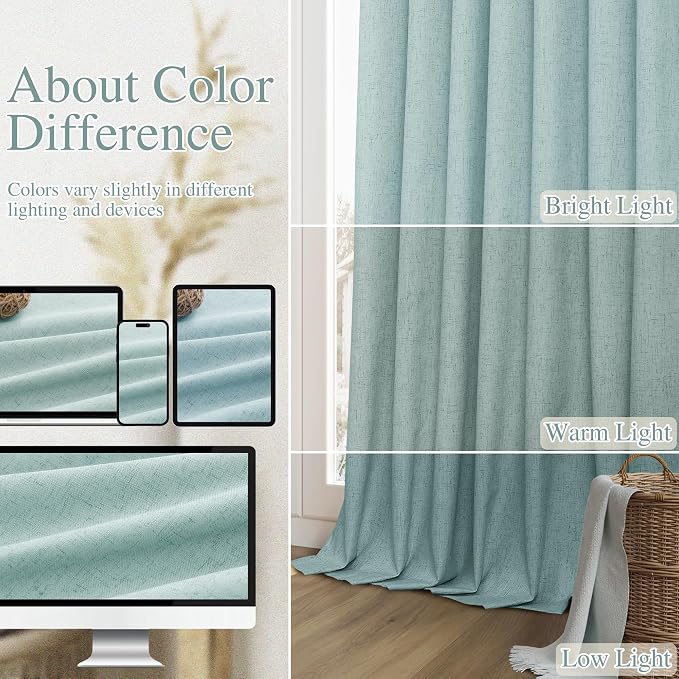 Light Blue 100% Blackout Linen Curtains 84 Inch Length 2 Panels Set - Image 7