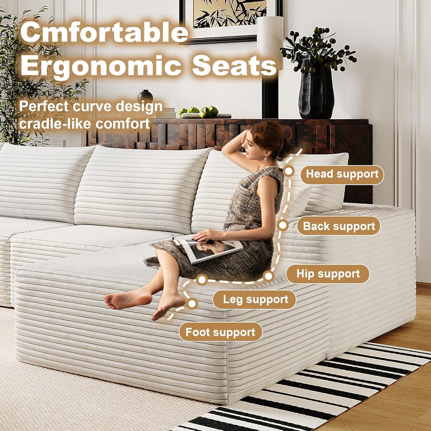 136" Sectional Couches for Living Room Modern Modular Sofa with L-Shape Couchs Upholstered Boneless Couch Deep Seat Sectional Couch with Chaise (White, Right Facing Chaise+3Seaters)