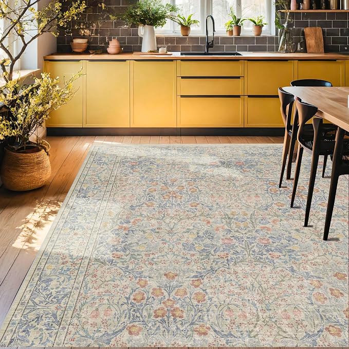 Vintage Washable Beige Blue 10x12 Rug - Image 7