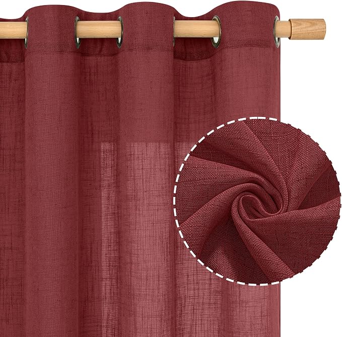 Burgundy Red Linen Curtains 48 Inch Length 2 Panels, Light Filtering Semi Sheer - Image 2