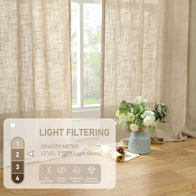 54 Inch Semi Sheer Window Linen Curtains, Light Filtering Panels | Faux Linen - Image 4