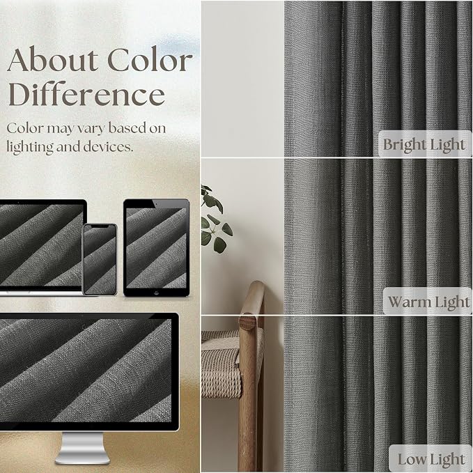 Charcoal Gray Linen Pinch Pleat Semi Sheer 120 Inch Curtains 2 Panels Set | - Image 4