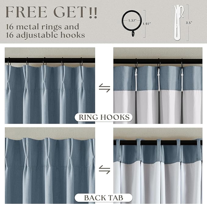 Dusty Blue Pinch Pleated 100% Blackout Linen Curtains 84 Inch Long 2 Panels | - Image 5