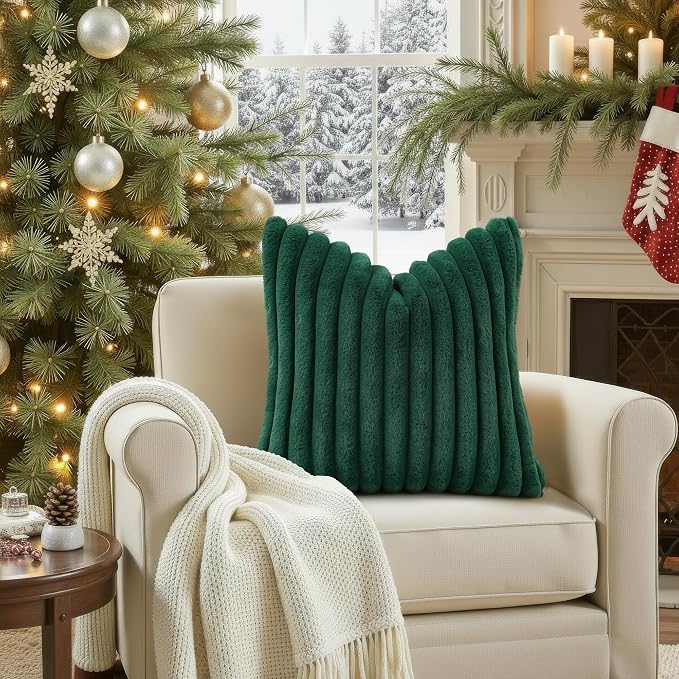 decorUhome Fall Faux Fur Throw Pillow Covers 20x20 Set of 2 Christmas Green | - Image 4