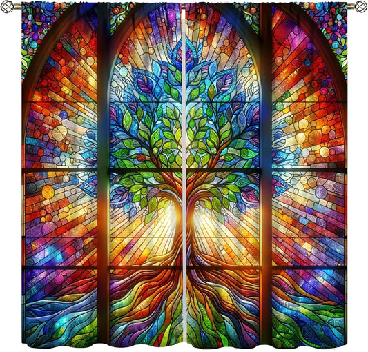 Stained Glass Curtains,Tree of Life Colorful Abstract Art Home Decor Drapes for Bedroom Living Room Kitchen Window Treatment 2 Panels Set Total Size 63" W X 63" L Inch