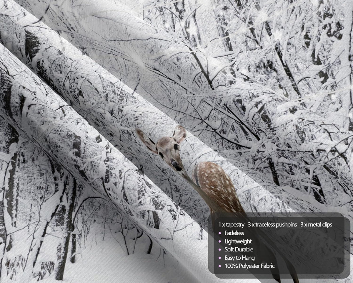 QGHOT Winter Tapestry Wall Hanging Snow Scene Backdrop Winter Wonderland Wall Decor Snowy Forest Wall Art Nature Woodland Deer Tapestry for Bedroom Room Dorm Party Decoration