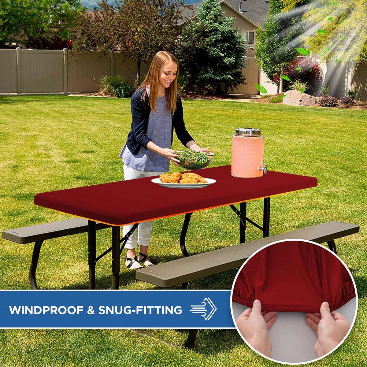 Fitted Tablecloth for 8 Foot Rectangle Tables-4 Pack Red Elastic Outdoor Picnic Table Cover-Spandex Stretch Folding Table Cloths 8ft for Camping Dining Room Patio Kitchen Banquet Party