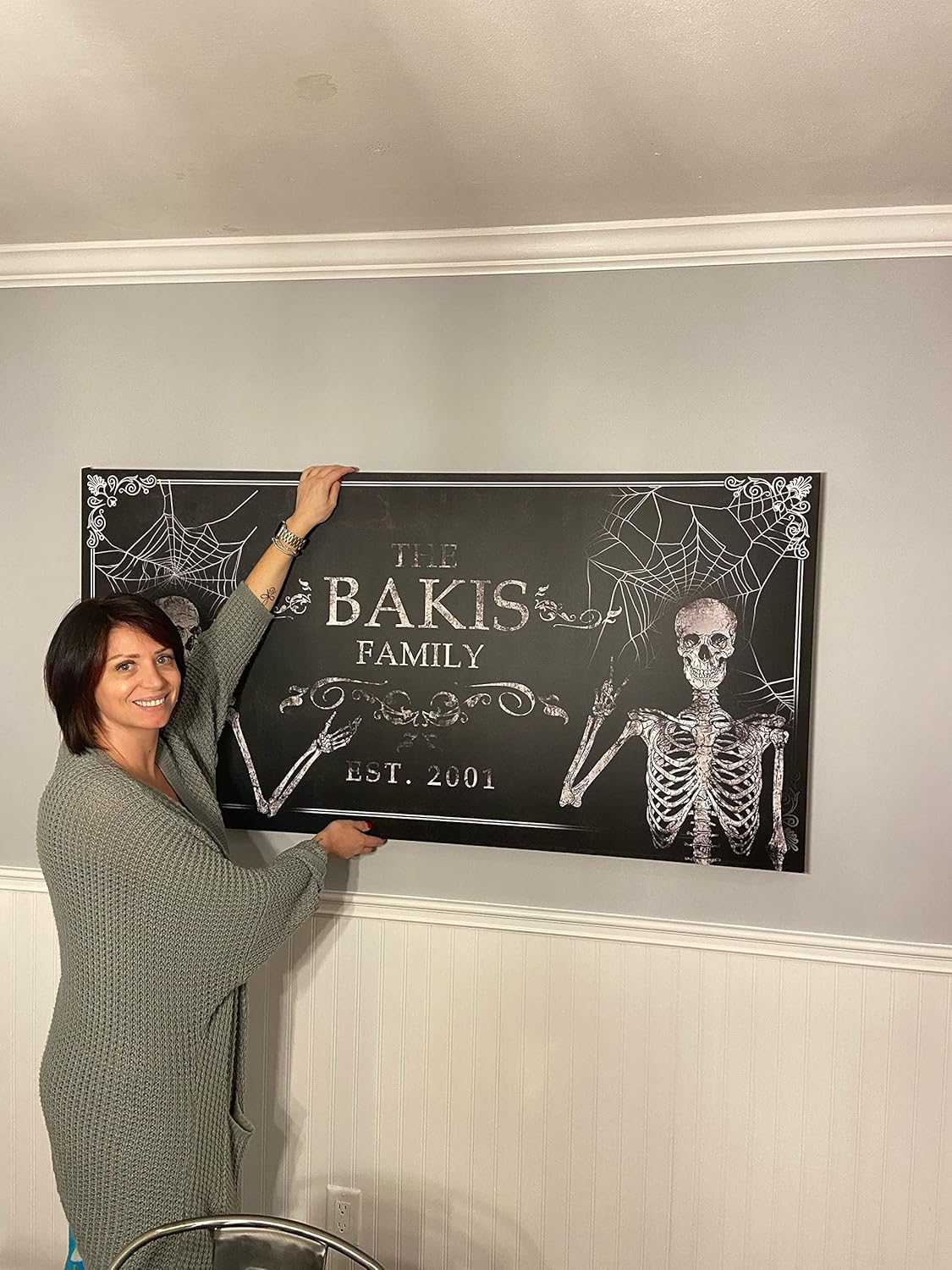 Tailored Canvases Gothic Family Wall Decor - Personalized Grunge Vintage Skeleton Room Decor for Home, Halloween Lovers, Men & Women for Bedroom, Living Room - Custom Couple Name, White Print, 48"x24"