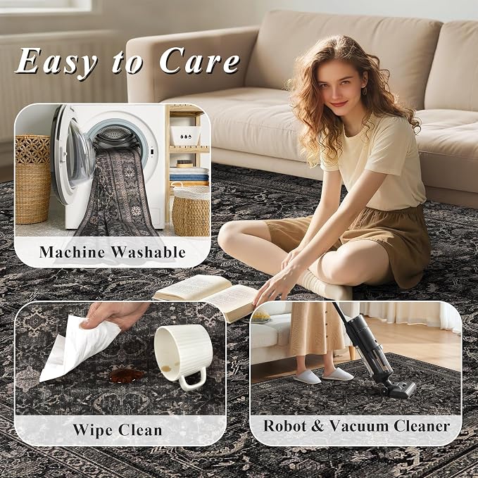Schweek 8x10 Washable Area Rug Non-Slip Vintage Dark Rugs - Image 7