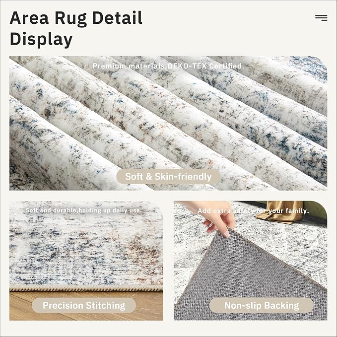 Soalmost 9x12 Area Rugs for Living Room Washable Rug Non-Slip Blue/Ivory | - Image 6