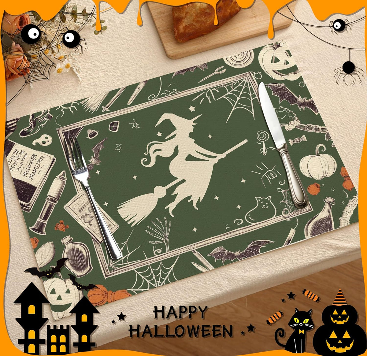 Halloween Bat Placemats Set of 4, 12x18 Inch Pumpkin Witch Table Mats, Washable Heat Resistant Place Mats for Kitchen Dining Table, Halloween Spooky Themed Decoration for Home-B10