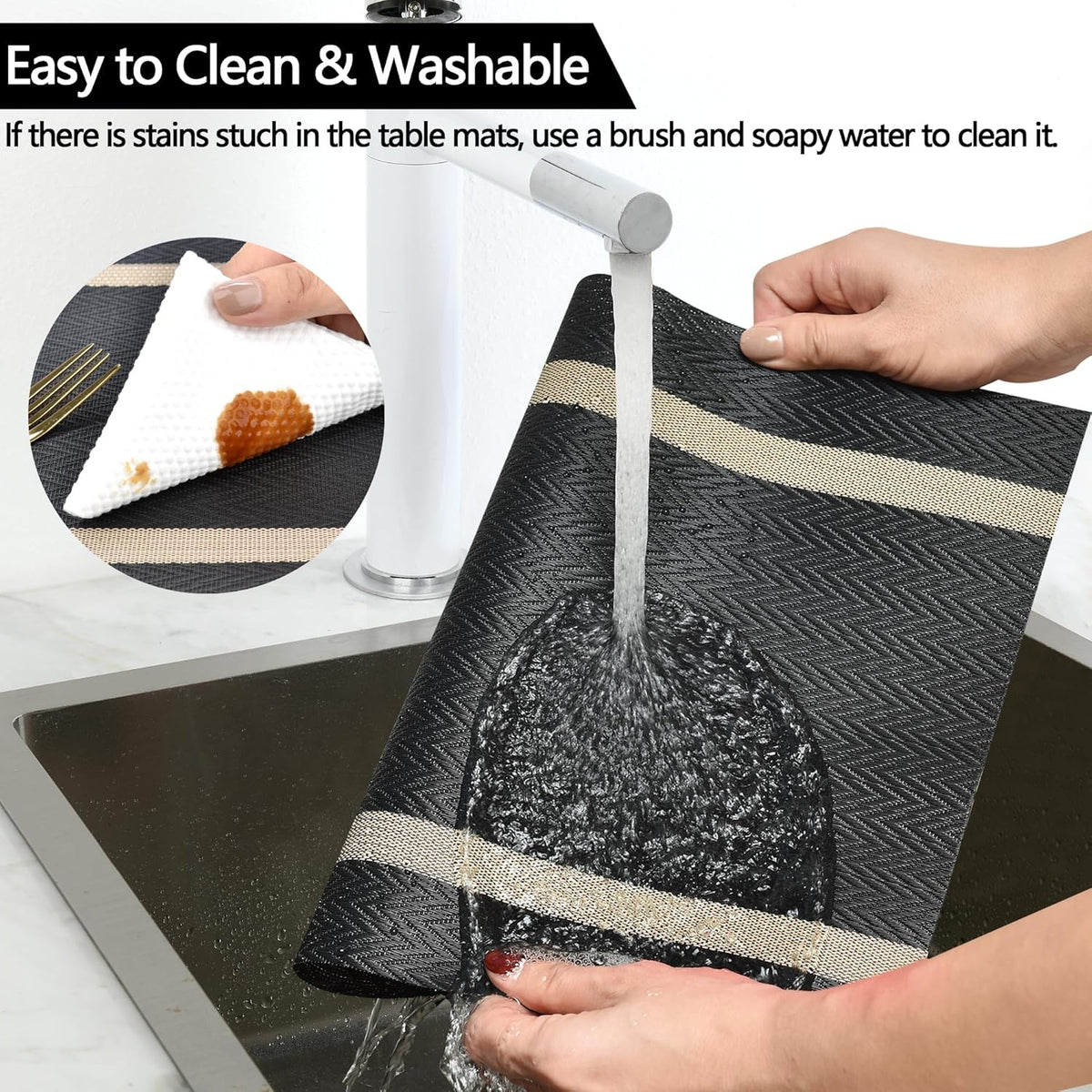 Black Placemats Set of 8 - Easy Clean Modern Durable Washable Vinyl Place Mats - Heat Resistant Placemats for Kitchen Table - PVC Table Mats for Dining Table (Black with Stripes, 8)