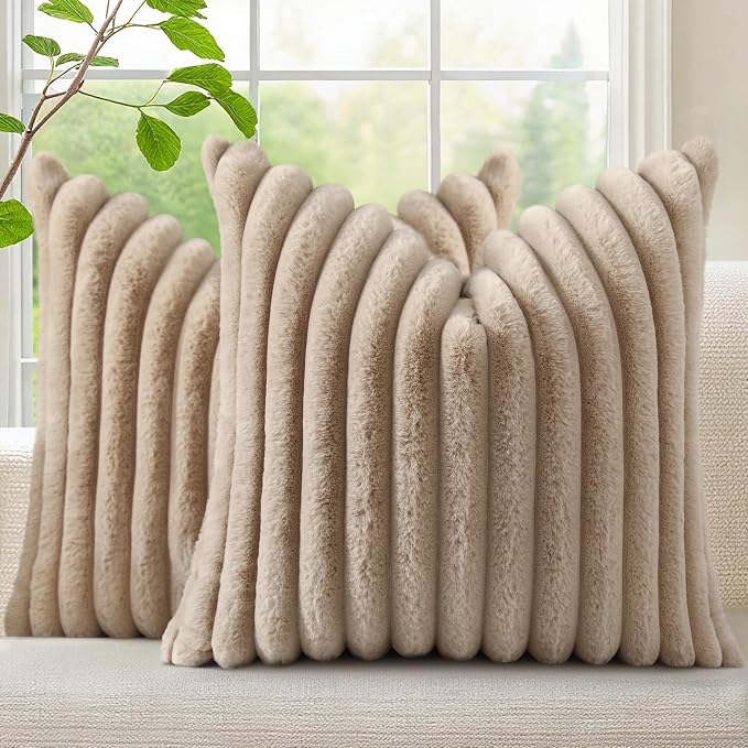 decorUhome Fall Faux Fur Throw Pillow Covers 26x26 Set of 2 Khaki Brown | by decorUhome