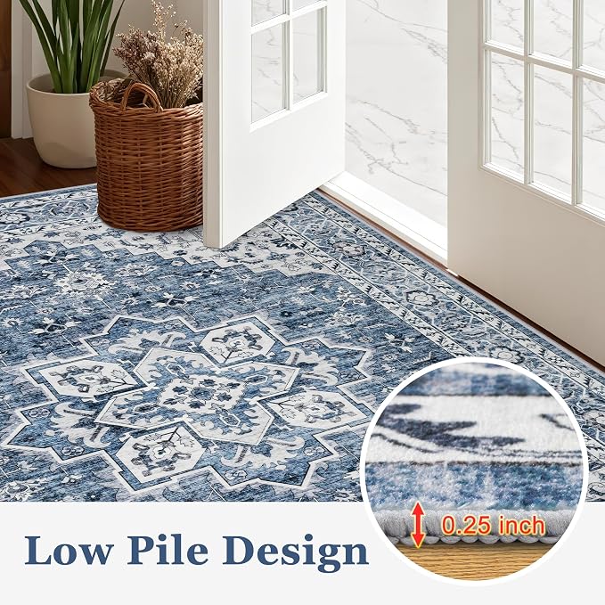 Round Area Rug for Living Room: 6ft Washable Rug for Bedroom Blue | Vintage - Image 8