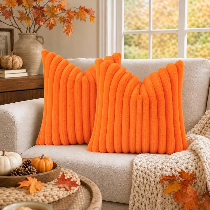 decorUhome Fall Faux Fur Throw Pillow Covers 22x22 Set of 2 Orange | Decorative - Image 7