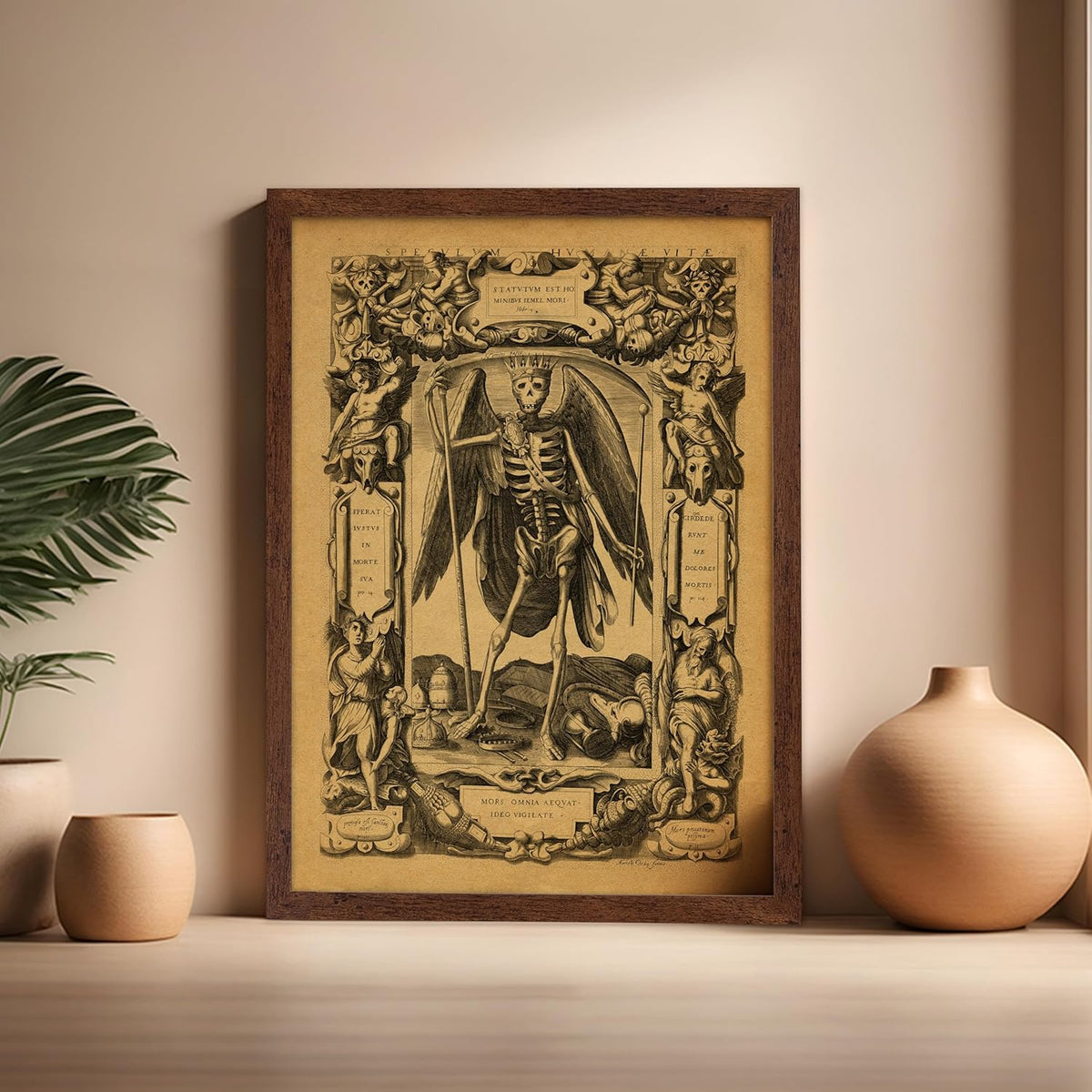 Poster Master Vintage Medieval Poster - Retro Gothic Print - Gift for Artist, Friend - Angel of Death, Memento Mori, Life, Skeleton, Dark - Wall Decor for Home, Living Room, 16x20 Brown Framed