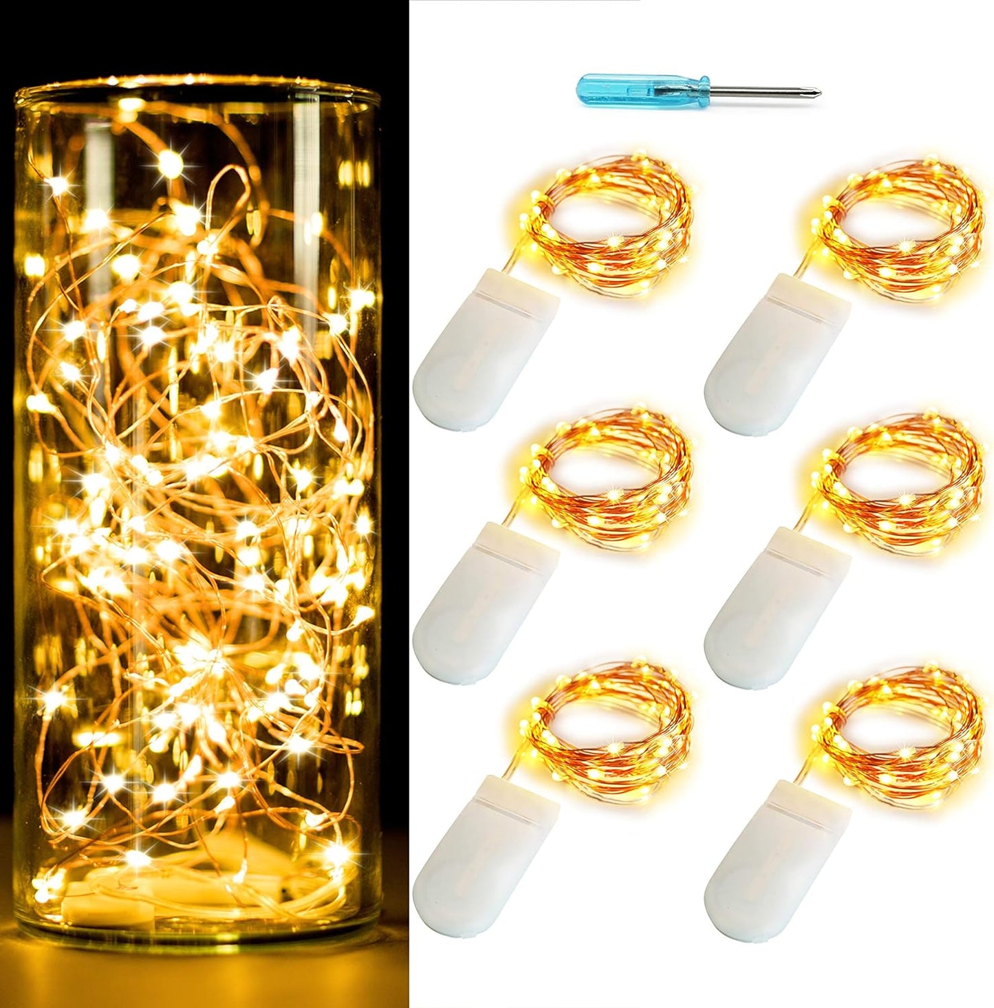 [6-Pack] 7Feet Starry String Lights,Fairy String Lights 20 Micro Starry LEDs On Copper Wire, 2pcs CR2032 Batteries Included,For Wedding Centerpiece,Party,Christmas Table Decor(Copper Warm White)
