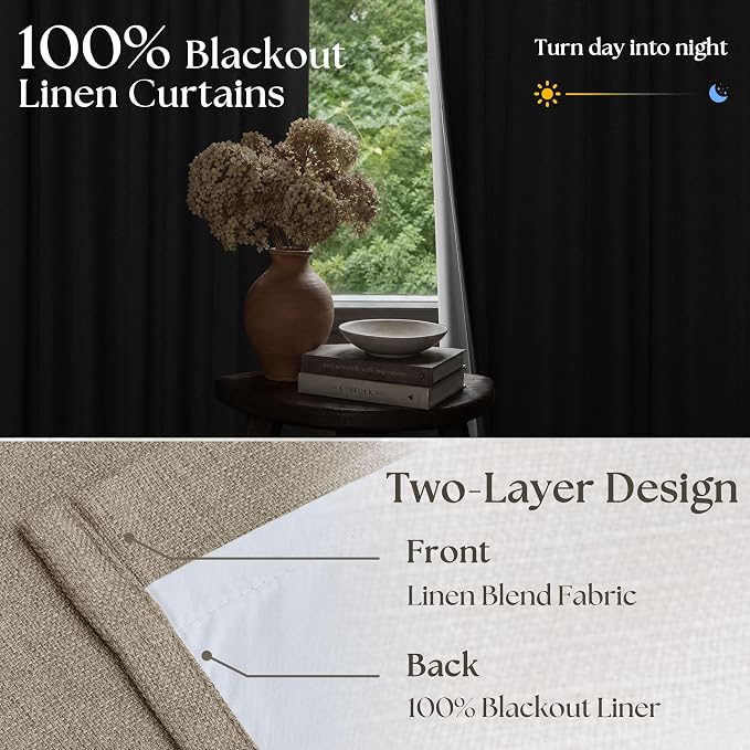 Deep Flax Linen Pinch Pleated 100% Blackout 92 Inch Curtains 2 Panels | Greige - Image 2