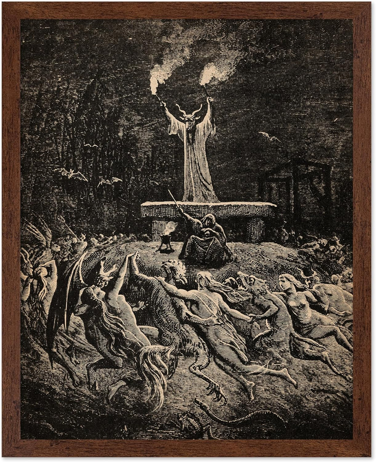 Poster Master Vintage Gustave Dore Poster - Retro Illustration Print - Gift for Gothic, Horror Fan - Dance of Sabbath, Witch, Magic, Spell - Wall Decor for Bedroom, Dorm, 16x20 Brown Framed