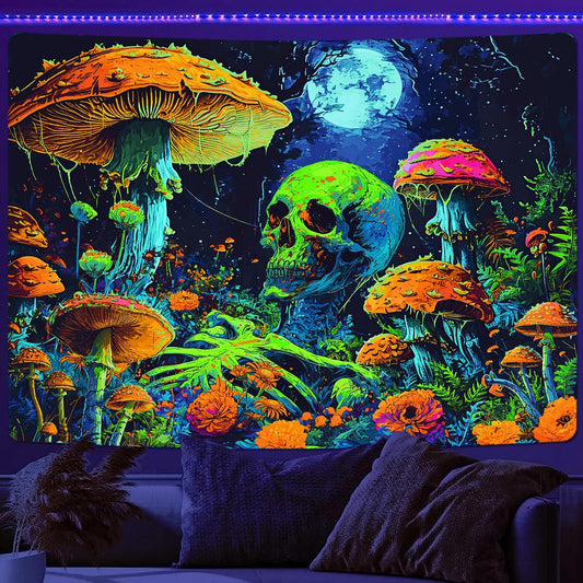 Xiaoput Blacklight Skull Wall Art, UV Reactive Neon Gothic Tapestry for Men, Glow in Dark Trippy Forest Wall Hanging for Home Decor, 80x60IN