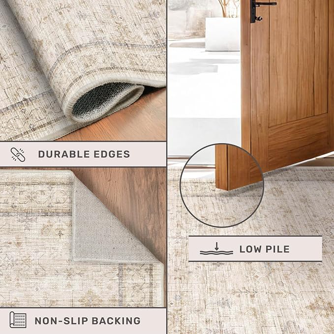Beige Floral Washabel Area Rug for Living Room - Image 4