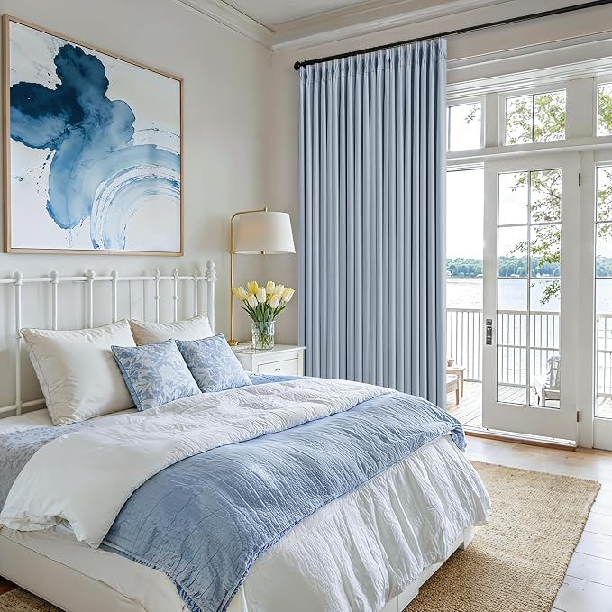 Pinch Pleated 100% Blackout Thick Linen Light Blue Curtains 84 Inches Long | - Image 3