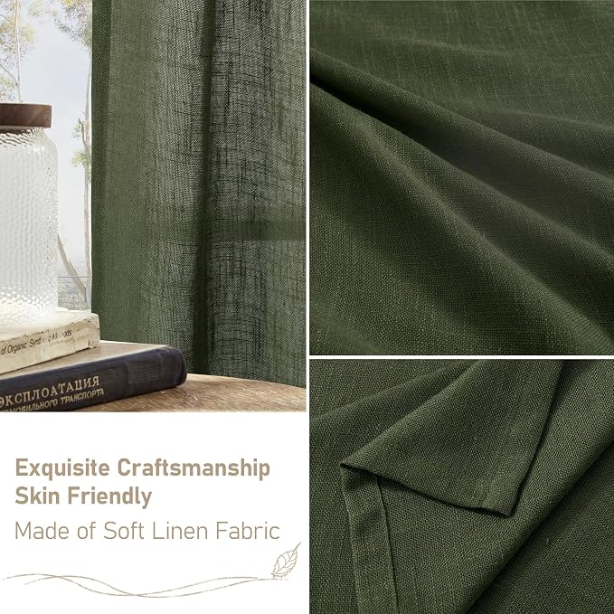 Olive Green Linen Curtains 84 inch Length 2 Panels Semi Sheer | Light Filtering - Image 6