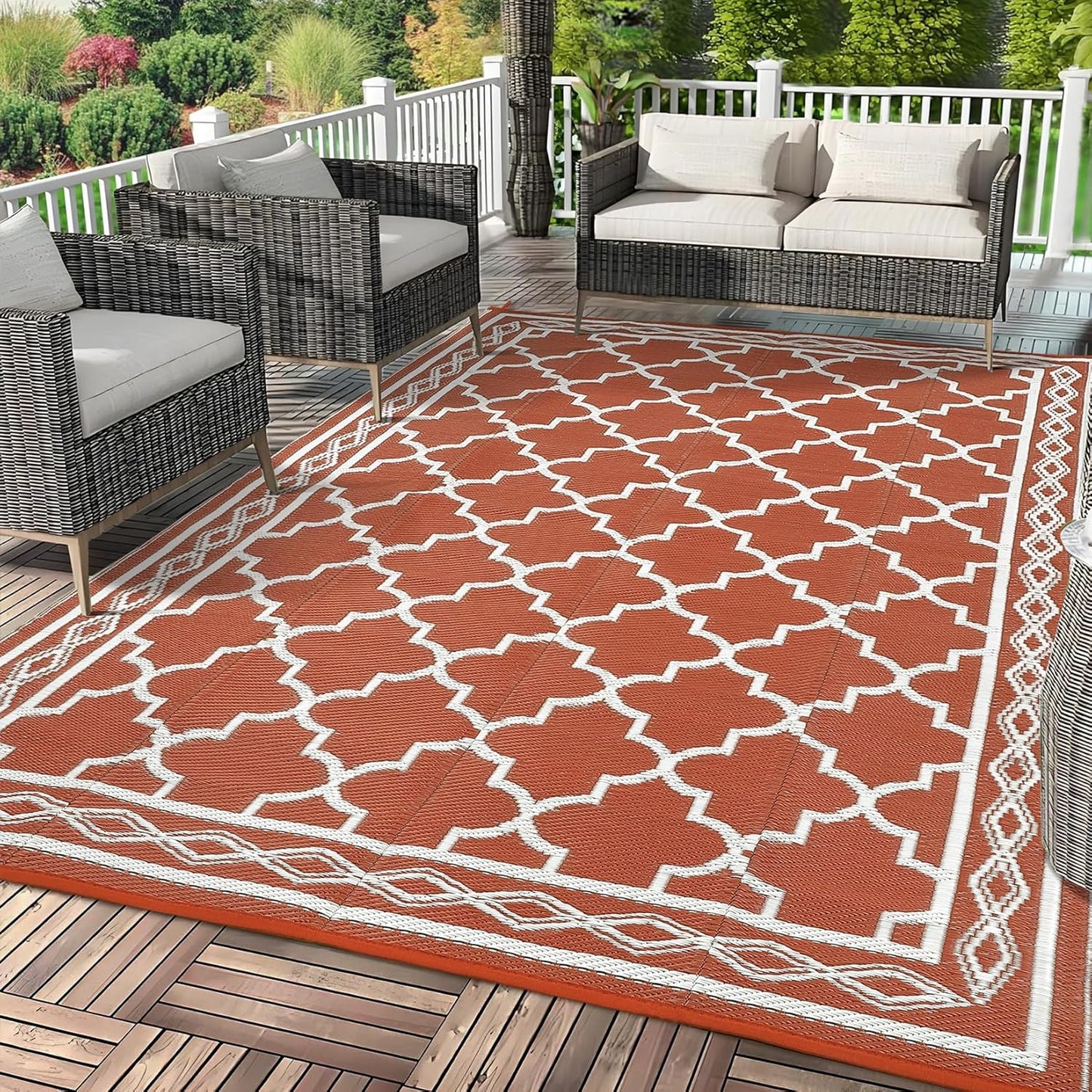 GAOMON Outdoor Rug 9'x12' Waterproof Rug for Patio Decor, Foldable Reversible Plastic Straw Area Rugs Mat for Camper, Outside Carpet for Deck, Porch, Picnic, Beach, Orange/White(Bohemia)