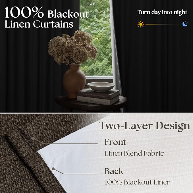 Chocolate Brown Pleated Linen Blackout Curtains 86 Inches Long | - Image 3
