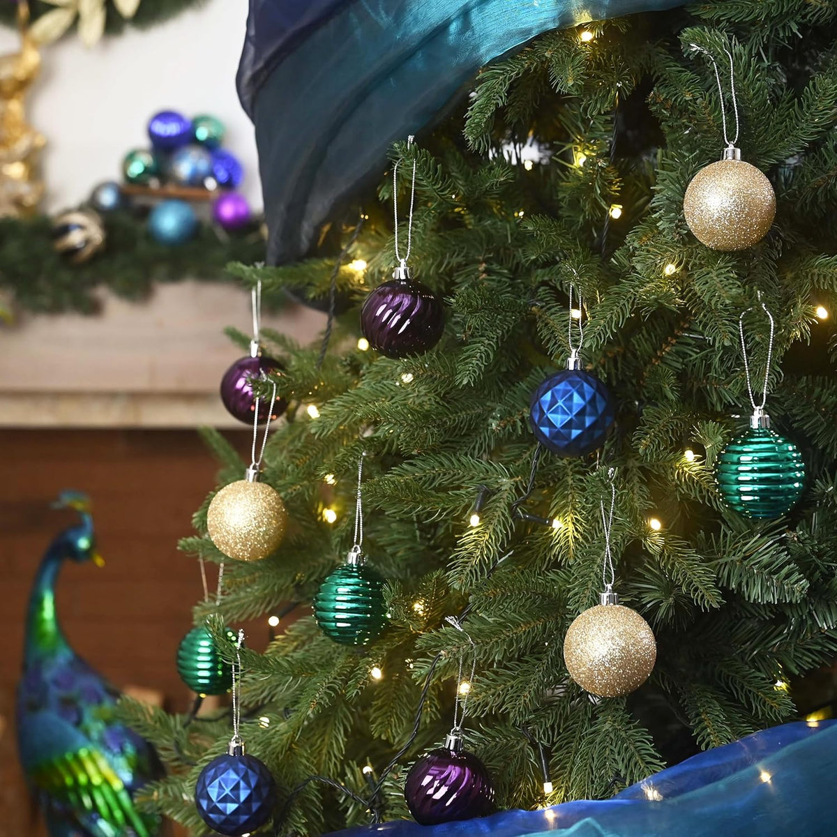 Valery Madelyn Christmas Ornaments Tree Decorations Set for Fall Halloween, 24ct Peacock Blue Purple Green Shatterproof Ball Ornaments, 2.36" Hanging Ornament Bulk for Xmas Holiday Party Decor