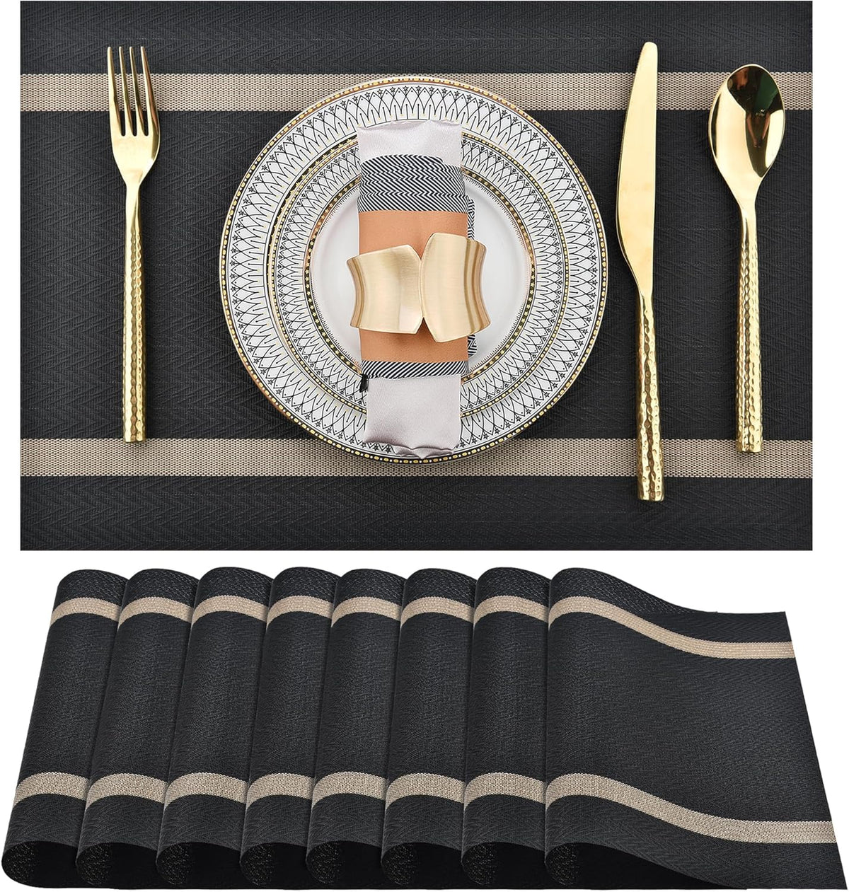 Black Placemats Set of 8 - Easy Clean Modern Durable Washable Vinyl Place Mats - Heat Resistant Placemats for Kitchen Table - PVC Table Mats for Dining Table (Black with Stripes, 8)