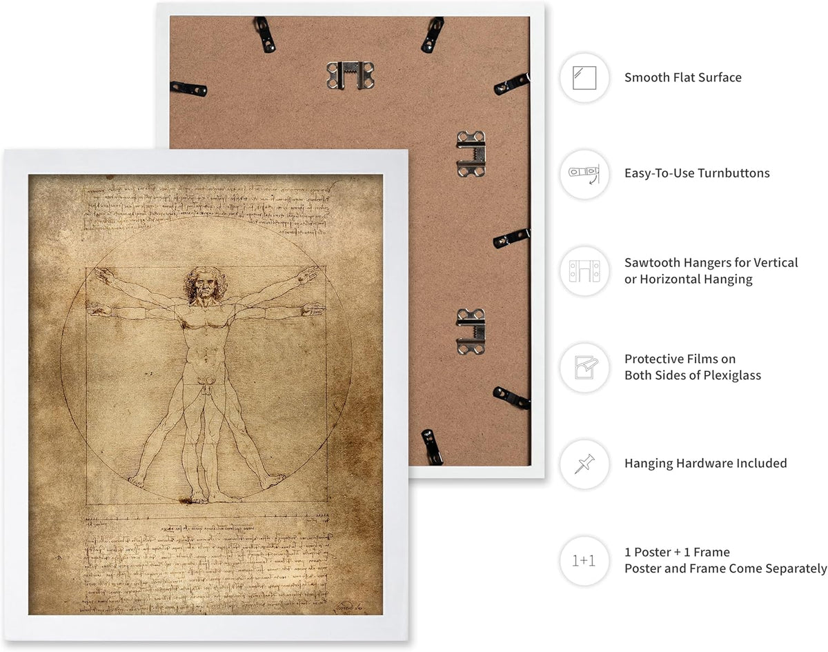 Poster Master Classic Leonardo Da Vinci Poster - Vintage Renaissance Print - Gift for Artist, Friend - Vitruvian Man, Proportion, Symmetry, Human Body - Wall Decor for Office, 8x10 White Framed