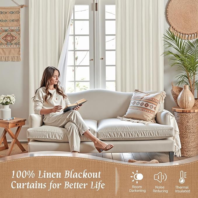 Ivory 100% Blackout Linen Curtains 48 Inches Long, 34 x 48 Inch | Linen Textured - Image 2