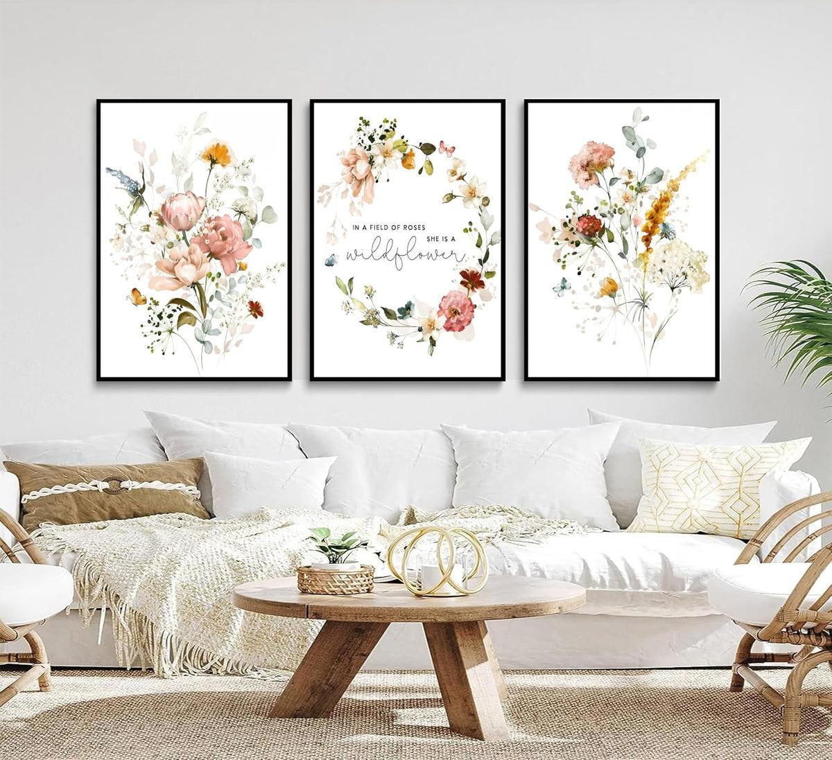 3Pcs Pink Flowers Canvas Wall Art In A Field Of Roses She Is A Wildflower Painting Picture Decor Watercolor Wreath Poster Print Artwork for Nursery living room Girls Room Home Decoration Unframed