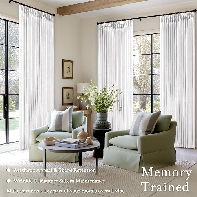 92 Inches White Linen Pinch Pleated Semi Sheer Boho Curtains 50 Inch Wide | - Image 2
