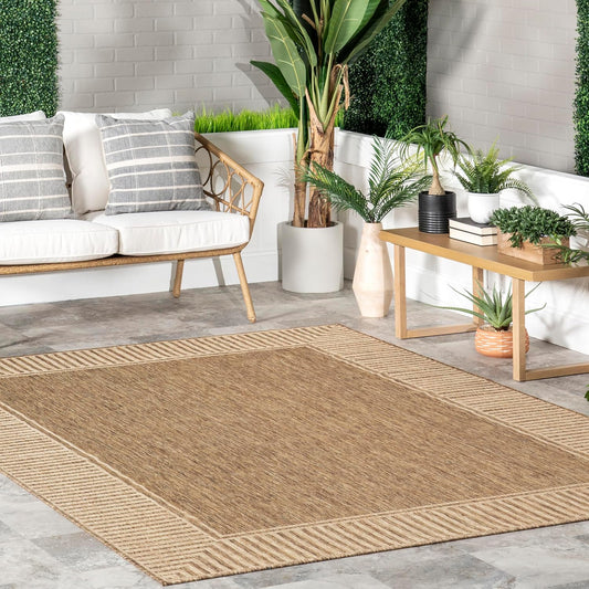 nuLOOM 9'6" x 12' Outdoor Area Rug, Casual Design With Striped Border, Stain Resistant, Highly Durable, For Patio, Balcony, Bedroom, Living Room, Dining Room, Bathroom, Light Brown