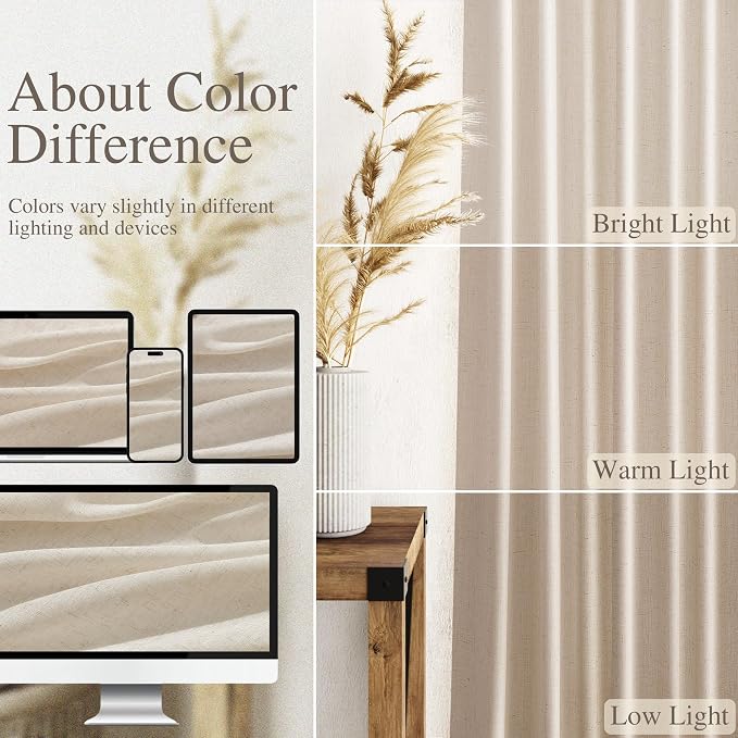 Cream Beige Linen Curtains for Living Room 98 Inches Long Light Filtering Semi - Image 3