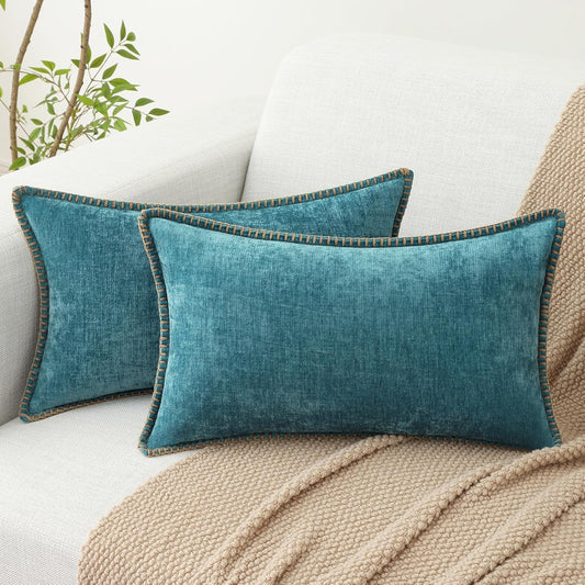 decorUhome Chenille Soft Throw Pillow Covers 12x20 Set of 2, Lumbar Velvet Farmhouse Neutral Decorative Euro Pillow Covers with Stitched Edge for Couch Sofa Bed Home Decor, Teal