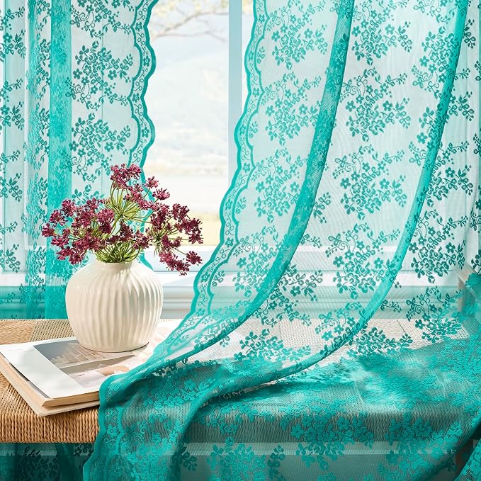 YJ YANJUN Vintage Lace Curtains 84 Inches Long-Victorian Floral Teal Sheer by YJYANJUN