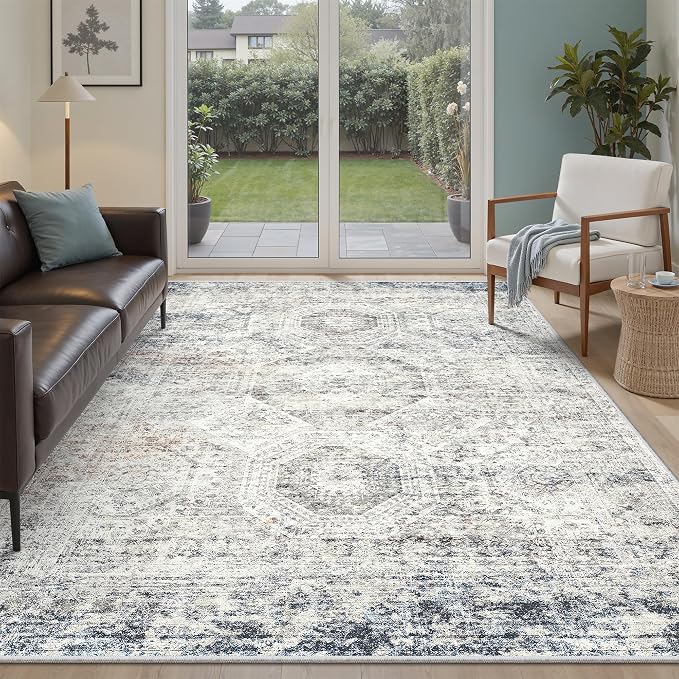 Soalmost 7x9 Area Rug for Living Room Washable Rugs Non-Slip Blue/Ivory | - Image 2