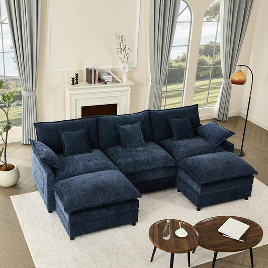 108" U Shaped Couch, Modular Sectional Sofa, 3-Seater Comfy Cloud Couch with Movable Ottoman, Deep Seat Couches for Living Room, Chenille, Navy