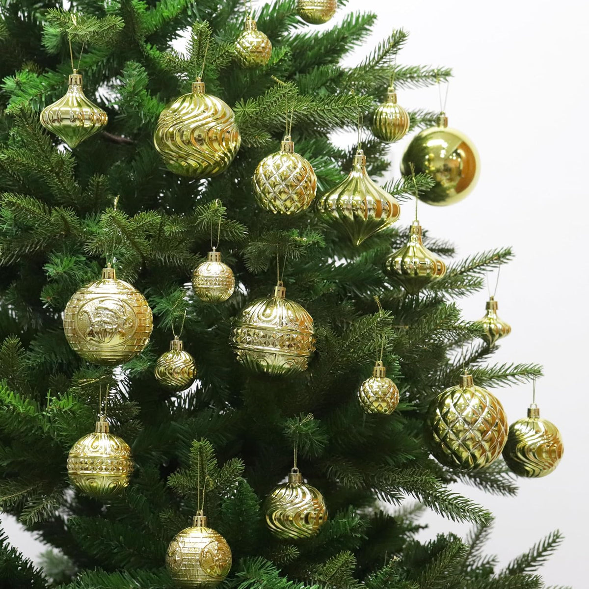 Christmas Ornaments Set with 36pcs Shatterproof Christmas Tree Decorations Multi-Size Christmas Ball Ornaments with 7 Styles Gold