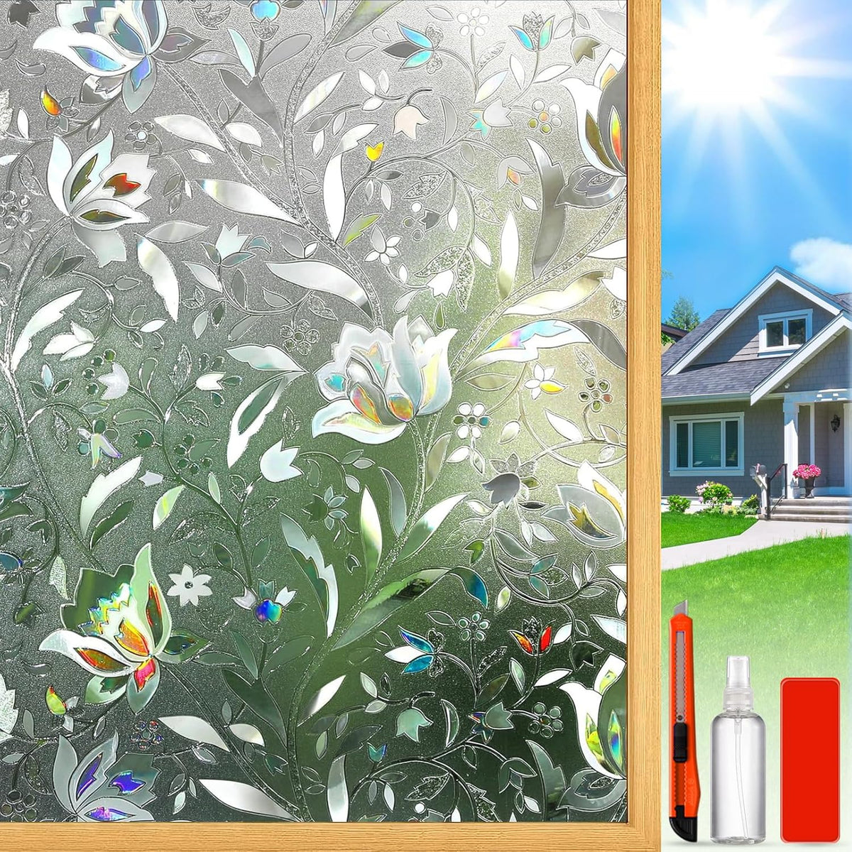 Rainbow Window Privacy Film Decorative, Stained Glass Window Tint for Home, 3D Decals Window Clings for Glass Windows, Static Cling Window Sticker, Suncatcher Window Cover,35.4" by 78.74"