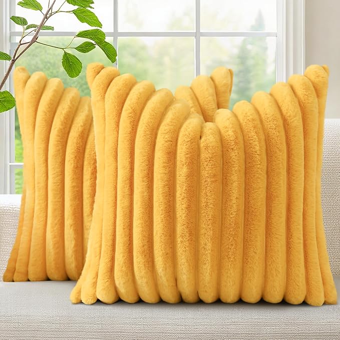 decorUhome Fall Faux Fur Throw Pillow Covers 18x18 Set of 2 Mustard Yellow | by decorUhome